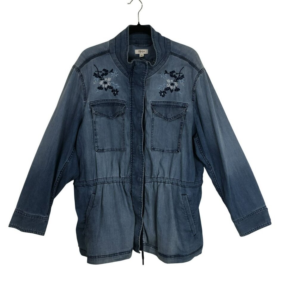 Style & Co Denim Jacket Embroidered  3X Long Sleeve Pockets & Drawstring Waist